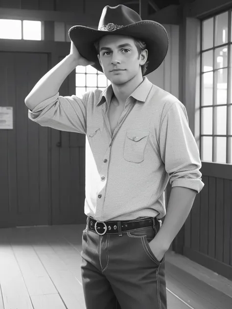 bpe-sepia  solo 1boy old rancher
( visiting post station) stable, standing,  indoors, horizon, cowboy hat on head,rugged, looking at viewer,   grit,
pny-safe   no humans