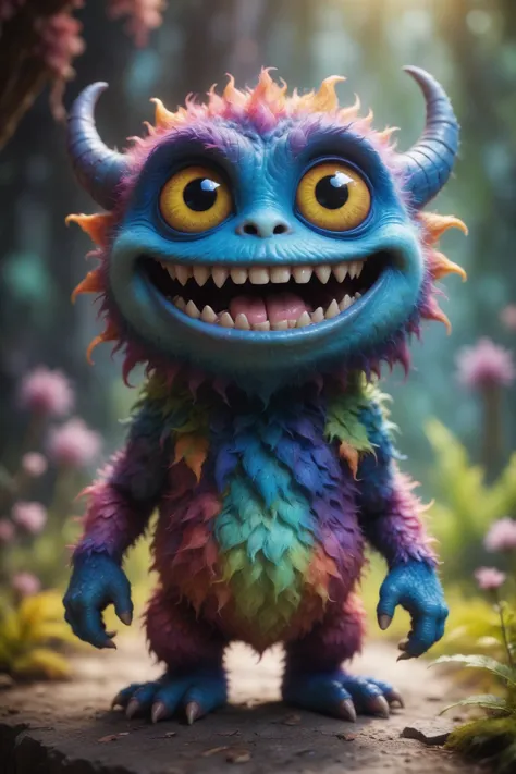 (best quality,8K,highres,masterpiece), ultra-detailed, capturing the whimsical essence of a cute, tiny monster with a distinctly creepy smile. This creature, while small in stature, boasts an array of vibrant colors and textures, making it stand out with i...