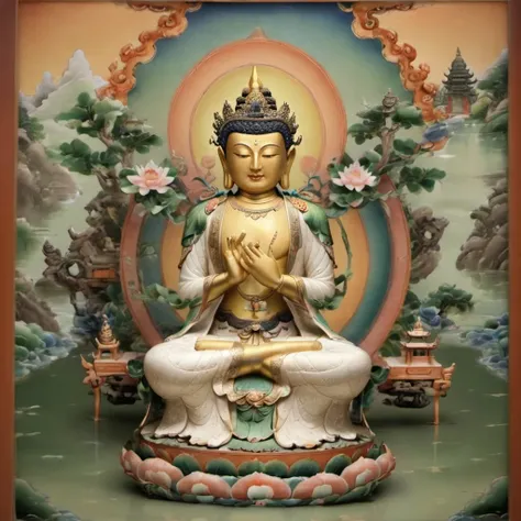 <lora:SDXLä½åå¤©å å½åè©è©:0.8>,, Maitreya of the Heavenly Crown, tall and elegant in appearance, wearing a crown of five Buddhas, a large Dharma wheel with Buddhas light behind his head, wearing a cassock with delicate patterns, bare right arm, fe...