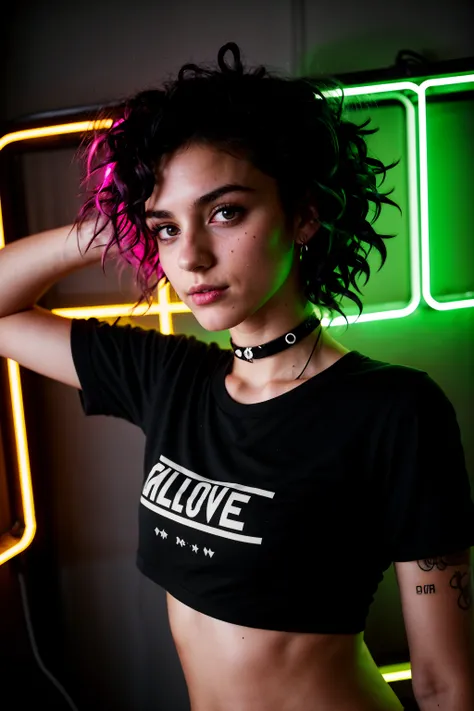 (analog photo:1.1), (a punk girl:1.15), green short curly hair, (black t-shirt:1.15), (20 years old, young:1.2), petite, (pubic hair:1.1), choker, cream eyeliner, european, cozy bedroom, (neon glow, cyberpunk:1.2), waves, warm colors, (inviting expression:...