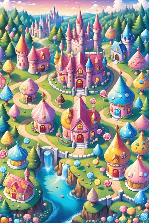 Castles, candy houses, forests, mushrooms, fruits, flowers, fairy tale worldï¼  <lora:lora:0.8>