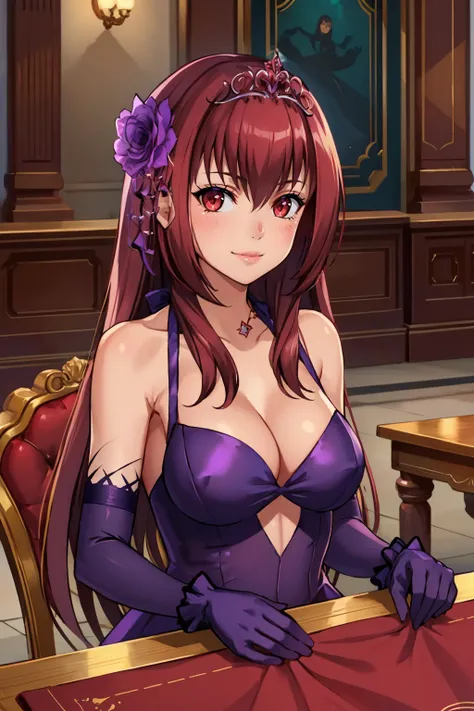 (masterpiece, best quality:1.2), upper body, solo, 1girl, scathachheroic, smile, looking at viewer, elbows on table, hair flower, tiara, purple dress, clothing cutout, purple gloves, elbow gloves, bare shoulders, cleavage, indoors <lora:fate_scathach_heroi...