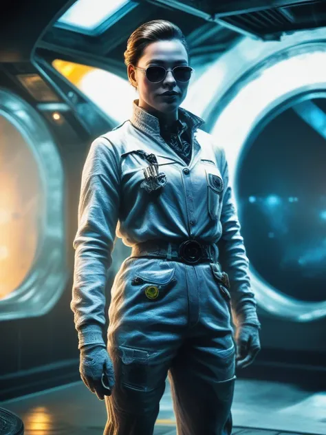 bpe-bluetone
( visiting post station) spacesuit, standing,  indoors, horizon, shades, rugged, looking at viewer,   grit,
bpe-pro bpe-scifi