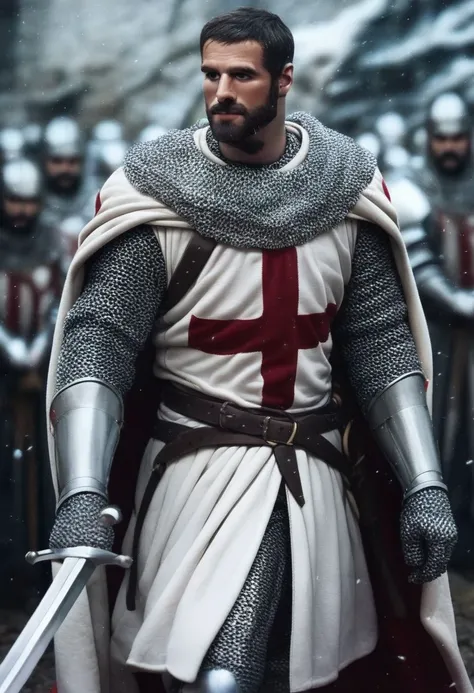 score_9, Templar, knight,, weapon, sword, 1boy, male focus, facial hair, chainmail, beard, armor, blurry background, cape