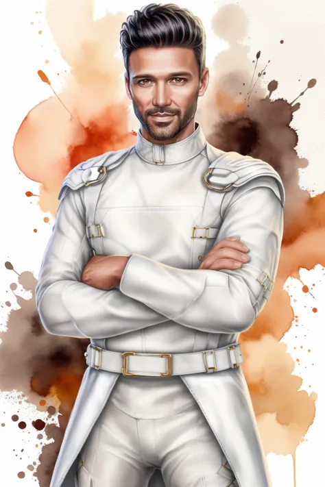 Watercolor painting 40 y.o. male, black short hair, brown eyes, smirk, facial hair, crossed arms, full body, clothes in white costume, ornament background, watercolor  <lora:Ignas LM XL:0.9> ignas . Vibrant, beautiful, painterly, detailed, textural, artist...