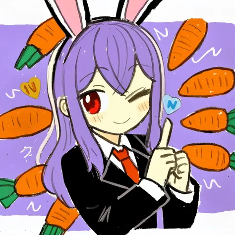 1girl, 
solo, upper body, red eyes, closed mouth, blazer, collarbone, heart, collared shirt, smile, jacket, animal ears, red necktie, one eye closed, hands up, blush, necktie, long hair, simple background, buttoned cuffs, looking at viewer, buttons, ;), lo...