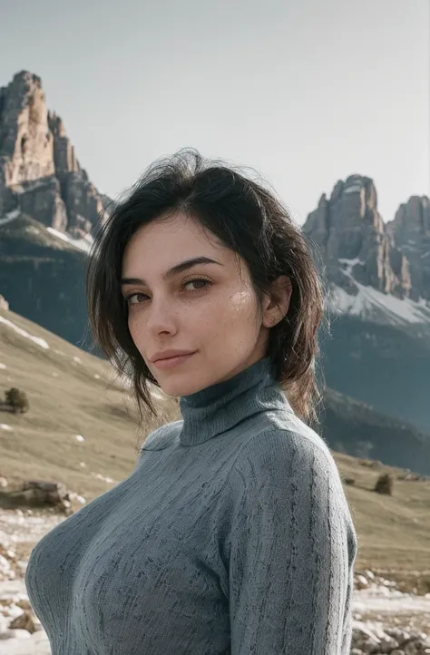 <lora:sh1fty_64_16_batch8:1> bodyshot photo of a woman highly detailed textured skin, pores, blemishes, wearing a turtleneck cableknit sweater, with ornate hair, with the dolomites mountain range in the background, outdoors (sh1fty:1.0)