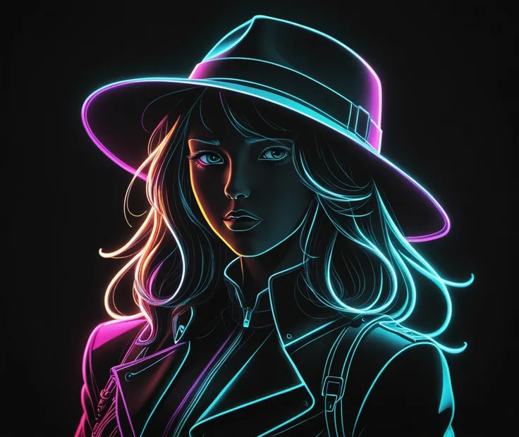 art, masterpiece, best quality, illustration, volumetric lighting, symmetry, 1girl,hat,neon, lineart, one line drawing, black background, vibrant, inspired, amazing, epic, cinematic