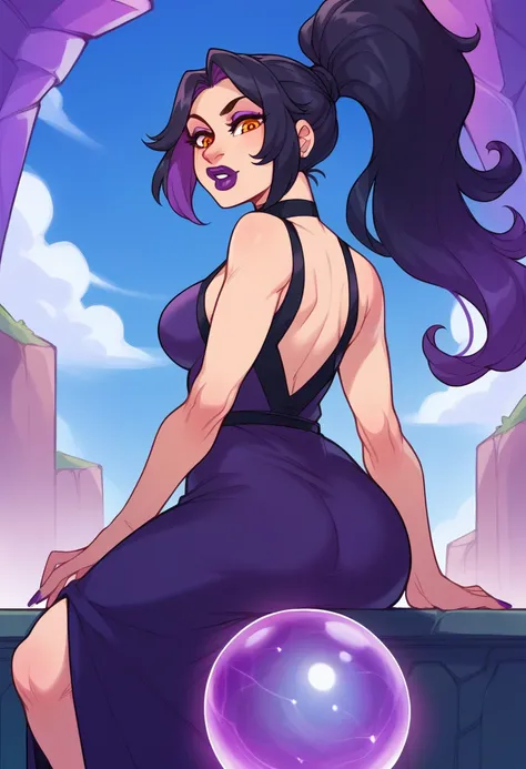 score_9, score_8_up, score_7_up, score_6_up, score_5_up, score_4_up BREAK, 1girl, solo, long hair, looking at viewer, black hair, medium breasts, sitting, ponytail, purple hair, ass, thighs, sky, looking back, nail polish, lips, fingernails, orange eyes, m...