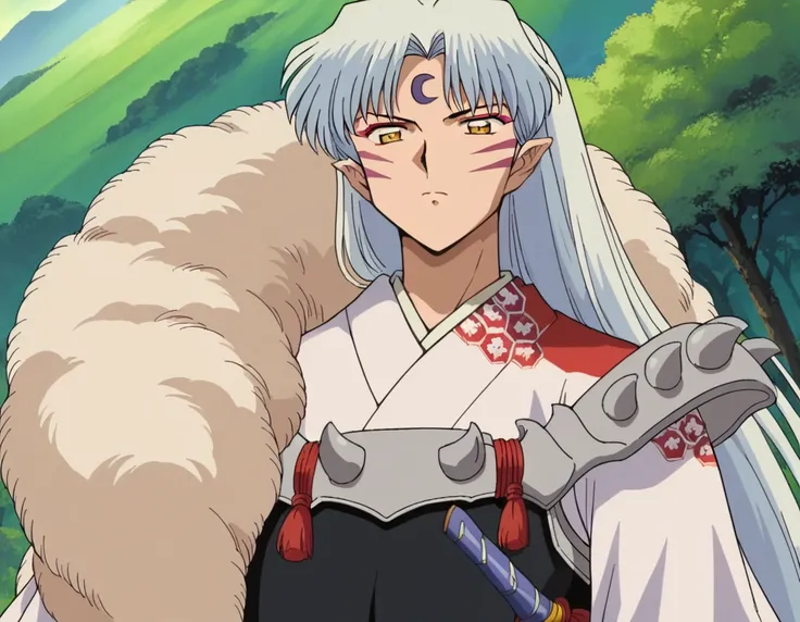 score_9, score_8_up, score_7_up, source_anime,
sesshomaru, <lora:sesshomaru-ponyxl-lora-nochekaiser:1>,
sesshomaru, long hair, yellow eyes, white hair, male focus pointy ears, facial mark, crescent, forehead mark,
japanese clothes, armor, fur,
outdoors, la...