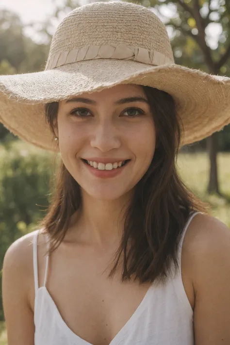 50mm amateur photo posted to facebook, average looking woman with sunhat, smiling