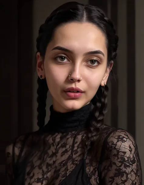 In this captivating scene, a bewitchingly beautiful woman with braided black hair and dark red lipstick, adorned in a seductive black lace turtleneck dress, confidently poses for her raw profile photo against an ominous backdrop that perfectly encapsulates...