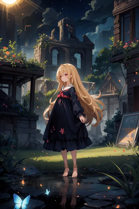 ,, ,, panorama view,(ray tracing, reflection light),sunlight,   (butterfly),stars,Starry sky,Standing on sea,((chained,shackles)),darkside,night,deep dark,darkness,dark clouds,((ruins)),shadow,death garden, blonde hair,very long hair,pajamas,sailor dress,b...