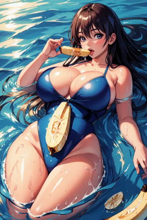 1girl, large breasts, drowning, eating a banana, submerged, voluptuous, bathing suit,