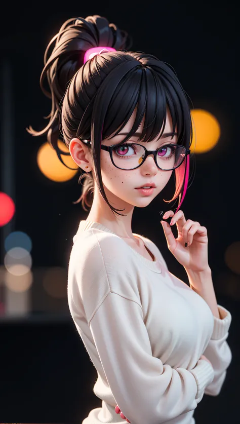 woman,wearing glasses,lights bokeh background,multi-color hair ponytail,swept bangs,white sweater,red undershirt,black yoga pants,elegant,beautiful,freckles,realistic,heterochromia,beautiful red eyes,up close,dark shadows,night background,neon hearts light...