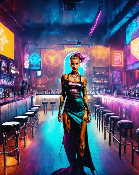 1girl, sketch of a beautiful cyberpunk girl, long sexy dress, in a bar, (tattoos:0.7), (facing the camera:1.5), cinematic, cinematic color grading, <lora:Halcyon Cyberpunk Style:1>, sharp focus