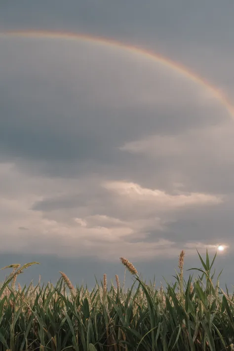 colorful rainbow over a cornfield, (sunflare:1.2), rainy day