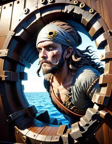 sideview of a pirate emerging from a ships porthole, detailed, dramatic, intricate, elegant, highly detail, extremely complex, professional focus, colorful, cinematic light, surreal, beautiful, sharp, best, romantic, perfect composition, clear, artistic, i...