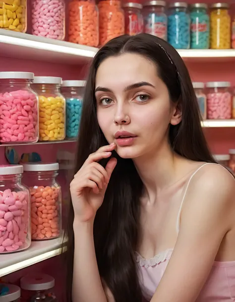 In this vivid scene within a futuristic, neon-lit Soviet-era inspired candy store, the enigmatic young woman with her mesmerizing pale skin, wistful gaze, and long flowing dark hair is captured in an arresting photograph; the warm glow of the setting highl...