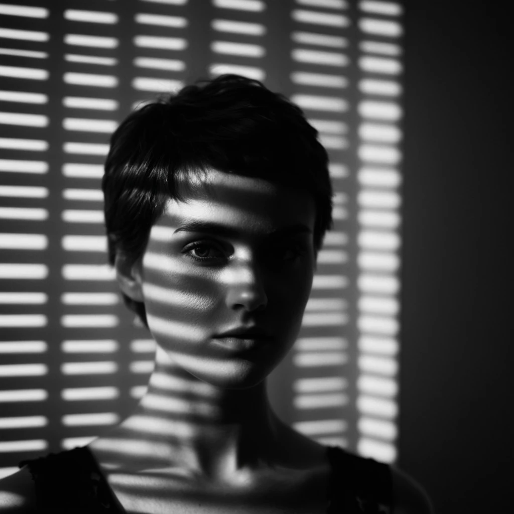 cinematic film still of  <lora:casting shadow style:1>
A cucoloris patterned illumination casting a shadow on a woman with a shadow on her face,1girl,solo,looking at viewer,short hair,simple background,monochrome,upper body,greyscale,grey background,mole,h...