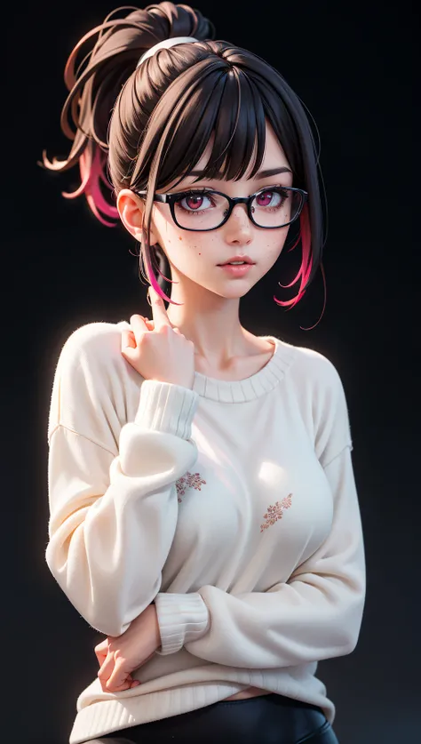 woman,wearing glasses,lights bokeh background,multi-color hair ponytail,swept bangs,white sweater,red undershirt,black yoga pants,elegant,beautiful,freckles,realistic,heterochromia,beautiful red eyes,up close,dark shadows,night background,neon hearts light...