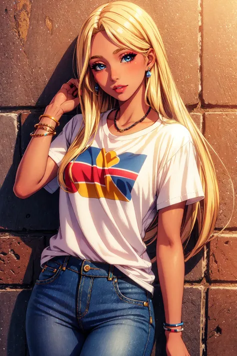 1girl, solo, blonde hair, blue eyes, tan, ganguro, long hair, wearing a tshirt, denim jeans, tanlines, makeup, wristband, lipstick, jewelry