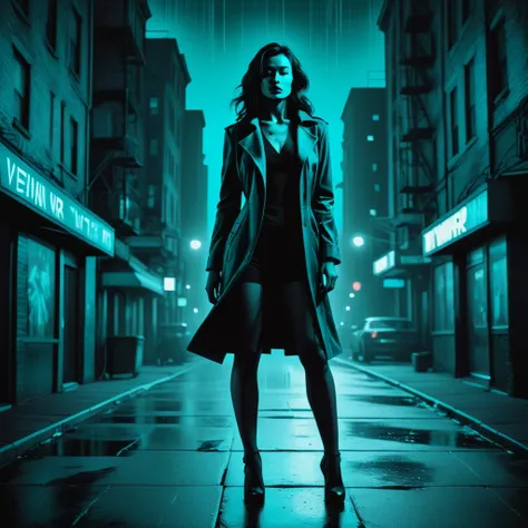 vbntnr woman in the dark city teal full body <lora:Vibrant_Noir_2-000018:1>