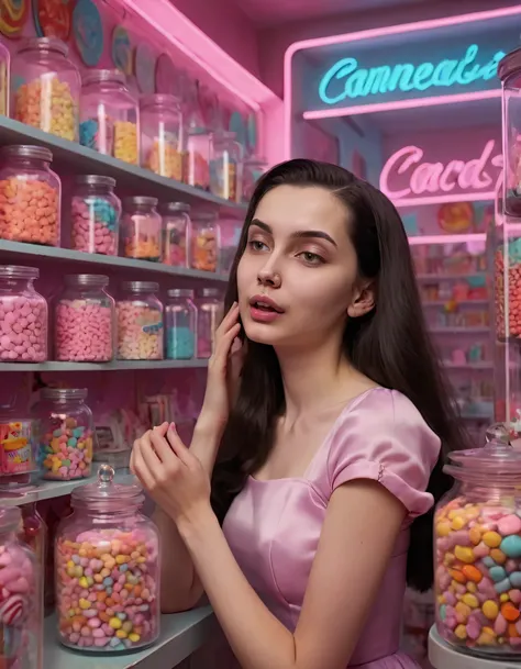 In this fantastical scene within a futuristic, neon-lit candy store reminiscent of the Soviet era, a young woman adorned with pale skin, flowing dark hair, and dramatic makeup wails softly, her tears glistening as she stands among the colorful assortment o...