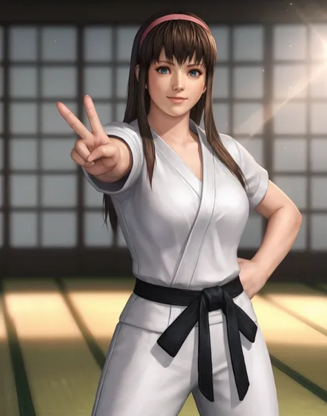 score_9, realistic, 1girl, hitdoa, hitomi (doa), brown hair, long hair, sidelocks, hairband, blue eyes, portrait, karate gi, black belt, god rays, hand on hip, outstretched arm, v, excited,<lora:Hitomi-000006:0.6>