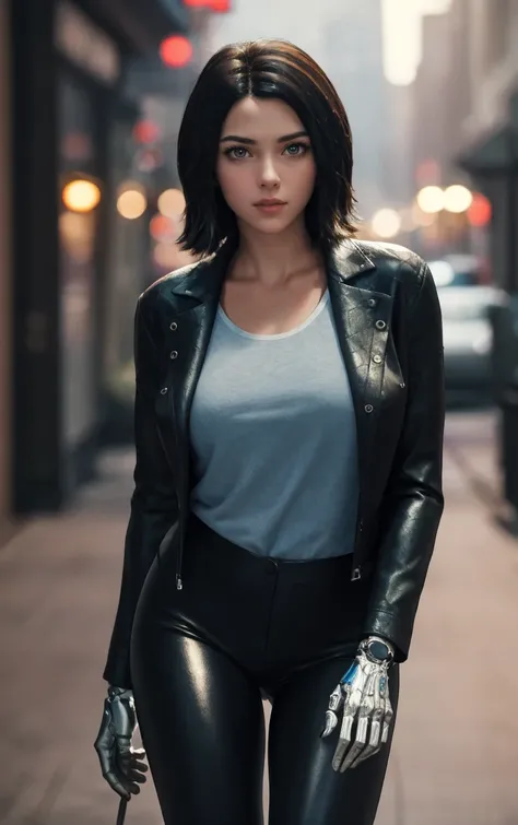 Jacket_Alita_LiveAction_ownwaifu,
1girl, black hair, realistic, lips, brown eyes, short hair, nose, medium hair, cyborg, mechanical arms,
shirt, jacket, black jacket, leather jacket, leather, open jacket, blue shirt, pants, cyberpunk,
<lora:CONCEPT_Alita_L...