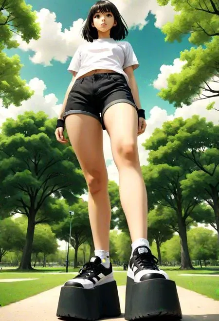 A hero view of tall female girl wearing shorts and extreme platform black sneakers standing in a park, view from below, done in an anime style.