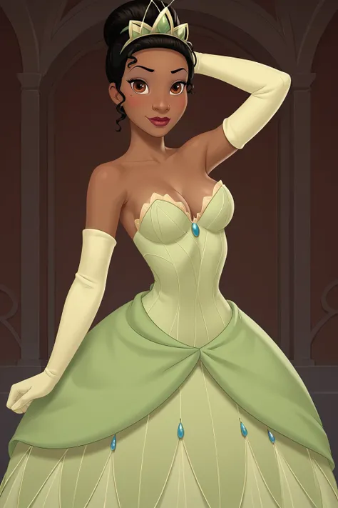 score_9, score_8_up, score_7_up, score_6_up, score_5_up, score_4_up, BREAK, 1girl, <lora:Tiana-000005:.7>, Tiana, Disney, dark skin, very dark skin, dark-skinned female, brown eyes, black hair, green dress, elbow gloves, tiara, modeling pose