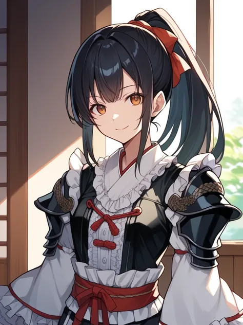 score_9,score_8,score_7,source_anime,rating_safe,<lora:Too_many_frills_pony:1>,too_many_frills,1girl,smile,upper body,long black ponytail,samurai armor,japanese room,shoulder armor,