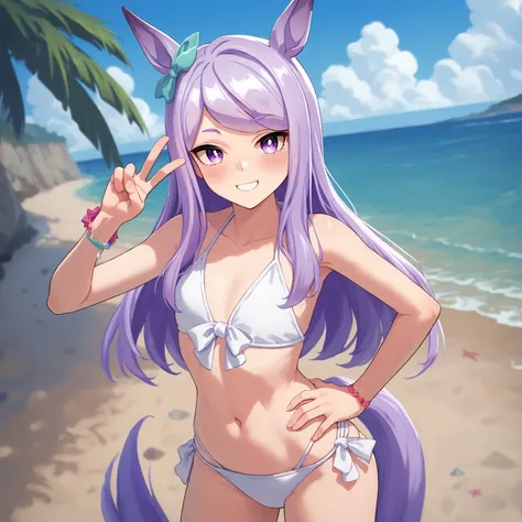 [score_9, score_8_up, score_7_up], <lora:Smooth2_Pony:1.0>, source_anime, 1girl, solo, mejiro mcqueen (umamusume), white string bikini, tail, standing, hand on own hip, v, looking at viewer, smile, blush, happy, beach, summer, <lora:uma_pony:0.64>