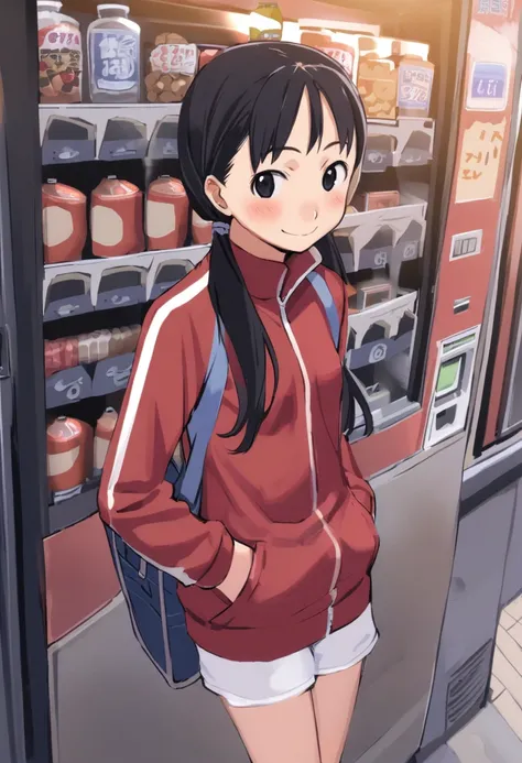 <lora:comiclo_a31:1>,1girl, solo, black hair, twintails, bag, blush, jacket, black eyes, smile, shorts, hands in pockets, track jacket, track suit, long hair, gym uniform, vending machine, gym shorts