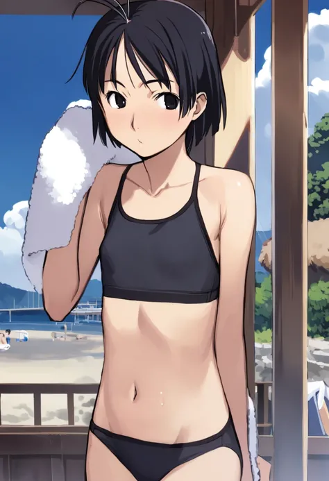 <lora:comiclo_a31:1>,1girl, solo, swimsuit, bikini, short hair, kikuchi makoto, day, towel, black hair, sky, black eyes, cloud, navel, antenna hair, black bikini, flat chest, sports bikini