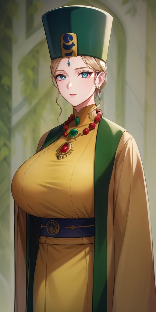 <lora:Rune_VenusV7:0.7> Rune_Venus, huge_breasts, standing, solo,  Yellow_turtleneck_robe_Green_sleeveless_coat_Green_hat_Neck_jewel_Bead_necklace_pendant_Wide_sleeves, masterpiece, best_quality, detailed_face, detailed_eyes, highres, beautiful, detailed, ...