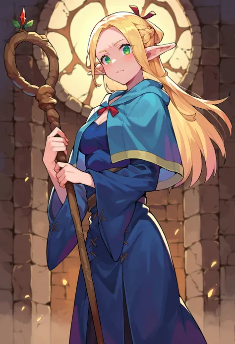 score_9, score_8_up, score_7_up, score_6_up, source anime, BREAK
<lora:dungeon_meshi_marcille:0.8> ellicrampnxl, marcille donato, 1girl, pointy ears, elf, capelet, robe, dungeon, staff, holding, holding staff, looking at viewer