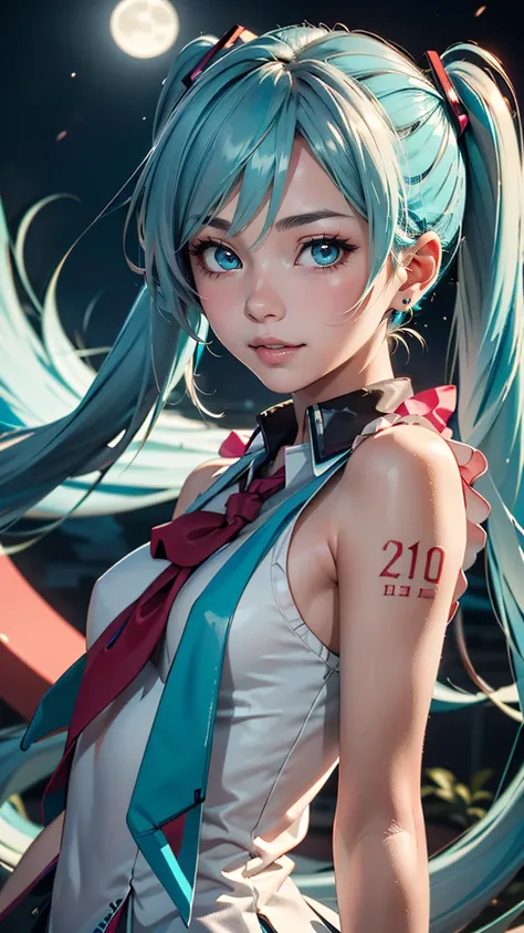 (best quality, masterpiece, colorful, highest detailed) upper body photo, fashion photography of cute (Hatsune Miku), very long turquoise pigtails and a school uniform-like outfit. She has teal eyes and very long pigtails held with black and red square-sha...