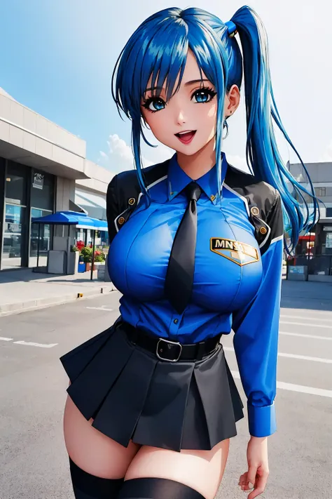 (masterpiece, best quality:1.2), 4k, solo, 1girl, misaki_def, blue shirts, collared shirts, black skirt, black necktie, black thighhighs, blue hair, blue eyes, side ponytail, bangs, hair ornament, large breasts, smile, open mouth, looking at viewer, city l...