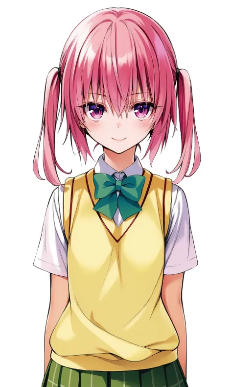 nana asta deviluke, pink eyes, pink hair, short hair, pigtails, flat chest, school uniform, skirt, sweater vest, looking at viewer, light smile, upper body, 
masterpiece, best quality, very aesthetic, absurdres, straight-on, 
<lora:YabukiKentarou_XL:0.9>