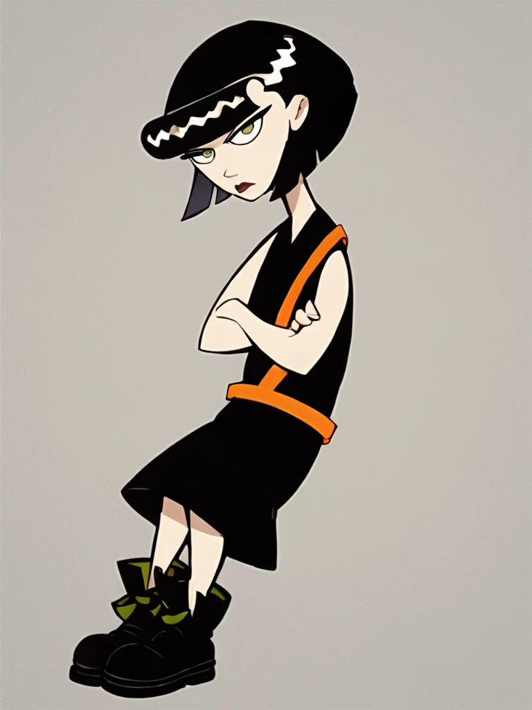 <lora:IngridPony1.0:0.9> ingridthird, 1girl, black hair, solo, short hair, green eyes, orange sash, black dress, sleeveless, makeup, lipstick, bob cut,simple background, crossed arms,  black footwear, score_9, score_8_up, score_7_up, score_6_up