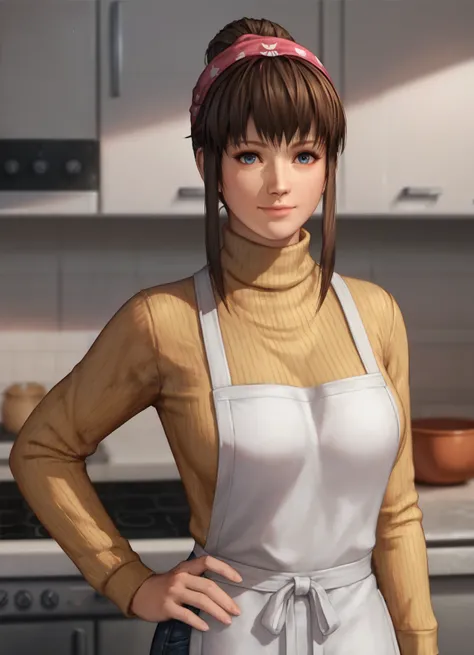 score_9, score_8_up, realistic, 1girl, hitdoa, hitomi (doa), brown hair, sidelocks, hair up, bandana, blue eyes, standing, upper body, looking at viewer, turtleneck sweater, jeans, apron, kitchen, light smile, <lora:Hitomi-000006:0.6>