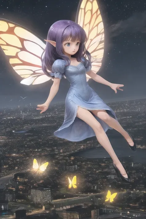 fairy, humanoid, butterfly, (not furry), female, solo, dress, wings, purple hair, flying, confused, city, night, stars, sky