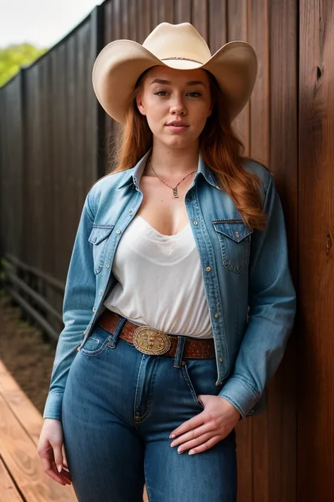 DEN_sonia_SG,
(country beauty posing against a wooden fence with a plaid shirt and jeans and a cowboy hat, cow girl, country girl, cow girl:1.2),
bokeh, f1.4, 40mm, photorealistic, raw, 8k, textured skin, skin pores, intricate details  <lora:epi_noiseoffse...