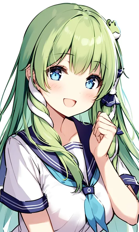 1girl, safe, kochiya sanae, solo, long hair, looking at viewer, blush, smile, open mouth, blue eyes, simple background, hair ornament, white background, school uniform, upper body, short sleeves, green hair, serafuku, hand up, sailor collar, neckerchief, h...