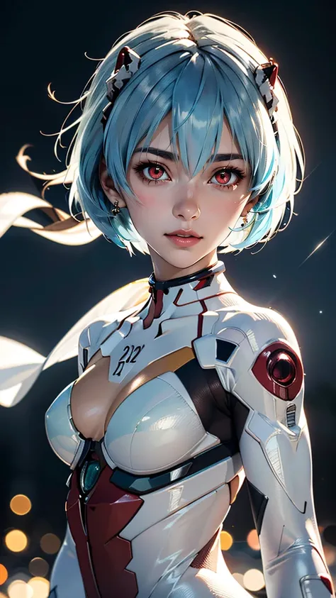 (best quality, masterpiece, colorful, highest detailed) upper body photo, fashion photography of cute (Rei Ayanami), intense-red-eyes, in high detailed textured Evangelion white plugsuit, (light smile:0.3), moonlight passing through light blue hair, (night...