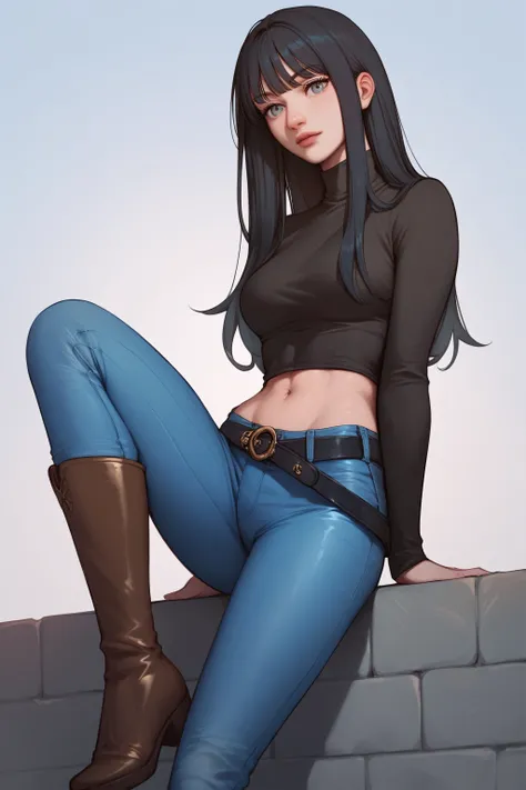 score_9, score_8_up, score_7_up, <lora:Kang Yuna-PonyXL-lora-faxtron:0.8> kang yuna, blueish-gray eyes, black hair, long hair, medium breasts, navel, belt, black turtleneck,  long sleeves, blue jeans, brown knee boots,