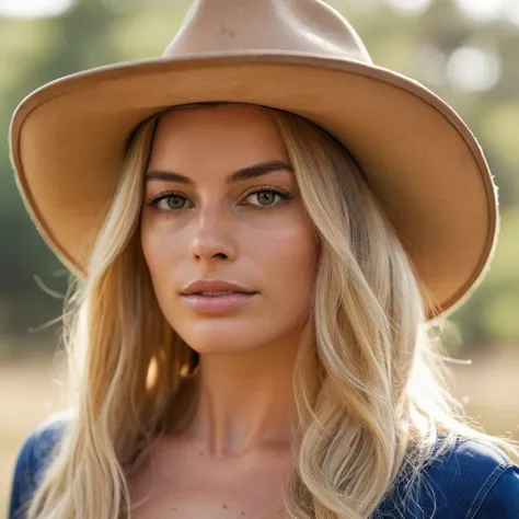 skin texture, no makeup, portrait photo of a woman outdoors with long blonde hair wearing a classic cowboy hat, confident, f /2....