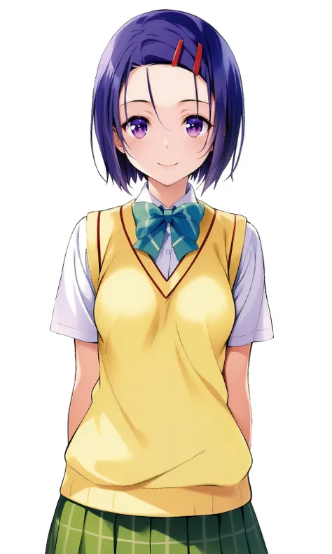 sairenji haruna, purple eyes, blue hair, short hair, hairclip, small breasts, school uniform, skirt, sweater vest, looking at vi...